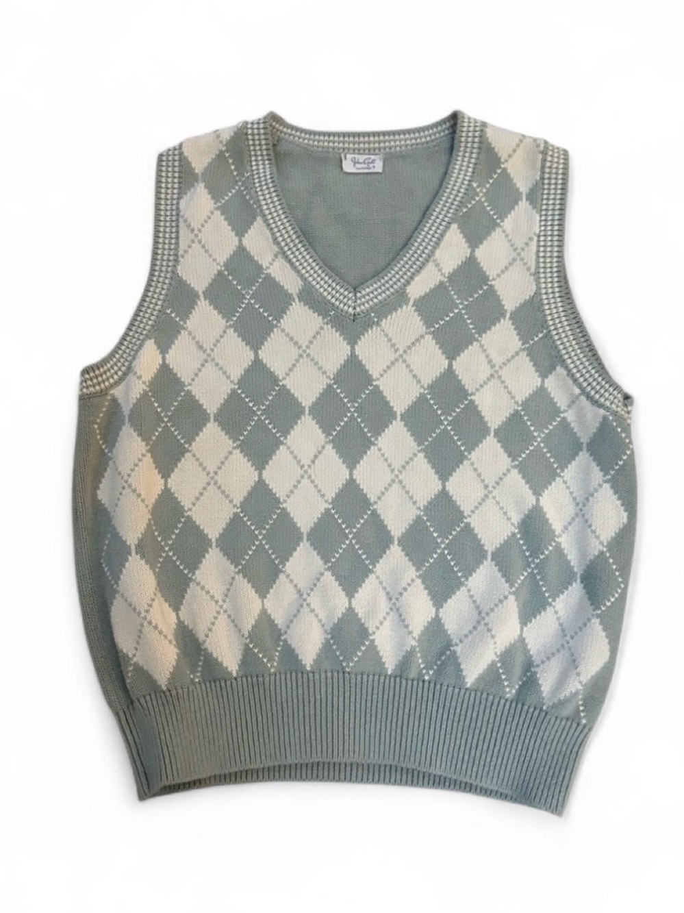 John Galt Argyle Knit V-Neck Sweater Vest in Sage and Cream